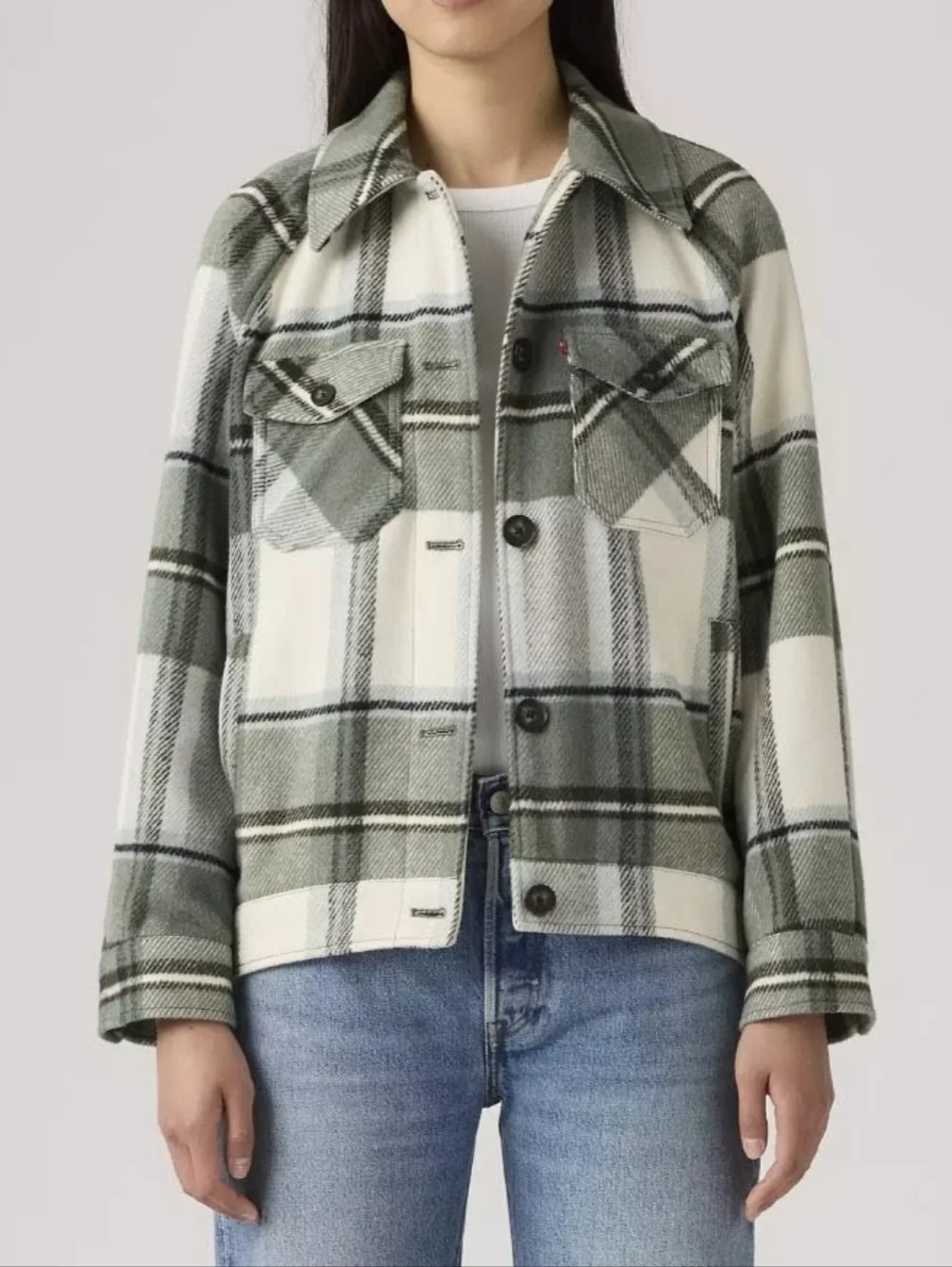 Levi's Women's Green Plaid Oversized Raglan Sleeve Shirt Jacket Size L Large - Picture 2 of 14